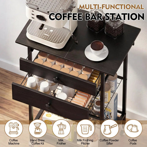 Slick Black Five Tier Coffee Cart Compact Game Changer Bar Station For Tiny Kitchens with coffee machine and organized drawers.
