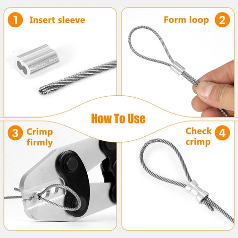 Pro Grade Wire Rope Crimper And Ferrule Swaging Tool With Five Cavities For 1/16, 3/32 To 7/64, 1/8, 5/32, And 3/16 Inch Rope, Compatible With Aluminum Oval Sleeves, Double Barrel Sleeves, Loop Sleeves, And Annealed Copper Ferrules. How to use image showing sleeve insertion, loop formation, and crimping wire rope