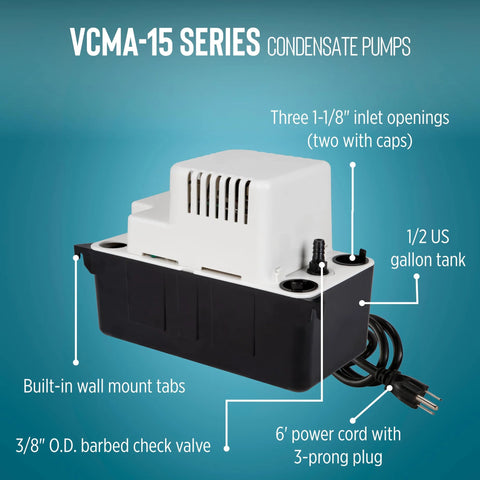 VCMA-15UL condensate pump; white top housing on black 1/2-gallon tank, 6 ft power cord (front view).
