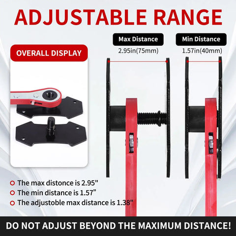 Heavy Duty Brake Caliper Piston Compressor Tool Kit With 2 Caliper Hooks, size range display, red carbon steel construction