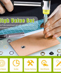 Hand using All In One Eyelet Grommet Kit With 240 Pcs 4mm 5/32 Inch Thickened Metal Eyelets and Washers for DIY leather project.