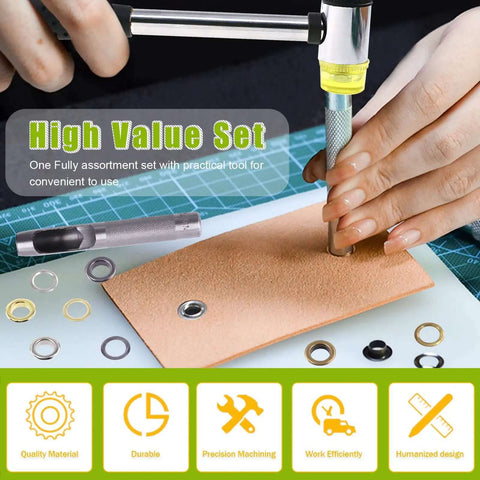 Hand using All In One Eyelet Grommet Kit With 240 Pcs 4mm 5/32 Inch Thickened Metal Eyelets and Washers for DIY leather project.