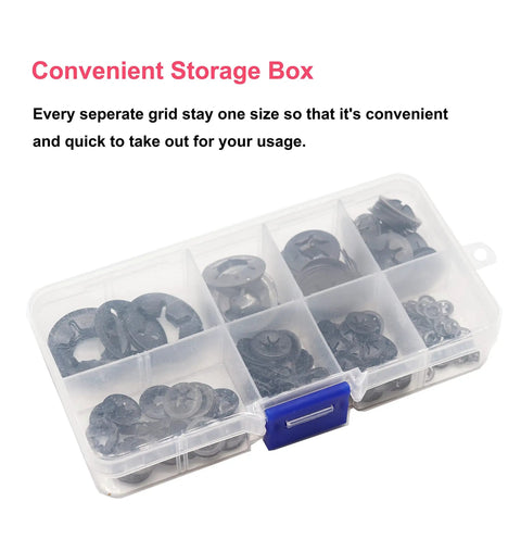 235 Piece Black Starlock Internal Tooth Lock Washers Set In 8 Sizes M2 M3 M4 M5 M6 M8 M10 M12, 65Mn Steel, in storage box