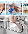 Elderly person using Sturdy 23.6 Inch Stainless Steel Toilet Grab Bar With Flip Up Design For Bathroom Safety, wall-mounted.