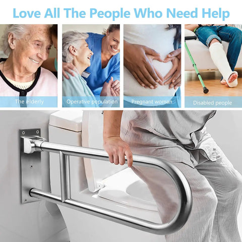 Elderly person using Sturdy 23.6 Inch Stainless Steel Toilet Grab Bar With Flip Up Design For Bathroom Safety, wall-mounted.