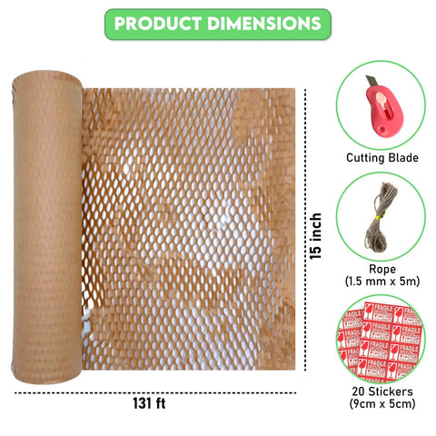 Extra Wide Honeycomb Packing Paper For Moving 15 By 131 Inches 80 GSM Eco Friendly Cushioning With 20 Fragile Stickers Plus 16 Ft Jute Twine And Cutter The Easy Alternative To Bubble Wrap For Shipping, includes cutting blade and jute twine.