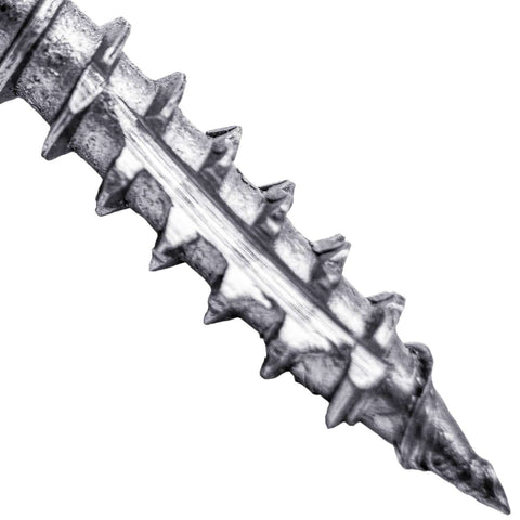 Close-up of Beefy Eight By One And One Half Inch Silver Star Stainless Steel Wood Screw With Torx Star Drive Head, Grade 305 Stainless.