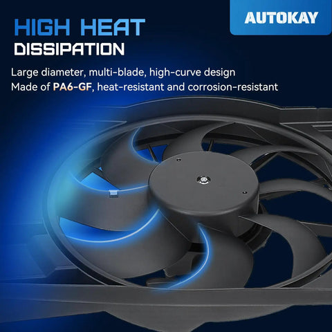 Heavy Duty Radiator Cooling Fan Assembly For Ford Focus 2012 To 2018 2.0 Liter Motor showing large multi-blade design for heat dissipation.