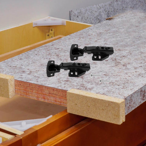 Full Overlay Cabinet Door Hinges With Self Closing Soft Close 2 Pack Metal Cabinet Hinges For Kitchen And Furniture Doors With Damping Mechanism By Cabilock displayed on a countertop with mounting screws.