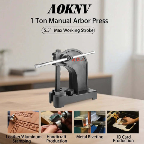 Beefy 1 Ton Manual Arbor Press With Hand Wheel for leather and metal crafting, 5.5 in stroke, shown on desktop