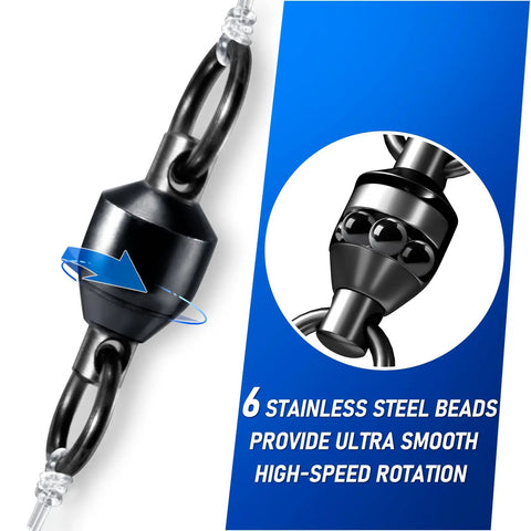 30 Pack Ball Bearing Swivels For Fishing Tackle Heavy Duty Stainless Steel Welded Rings Barrel Swivel Hook Line Connector With Black Nickel Coating Saltwater And Freshwater Ready Size 0 Twist Free 360 Degree Rotation, close-up with 6 stainless steel beads