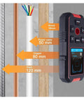 Pro 3In1 Stud Finder Wall Scanner With Digital Level To Detect Metal AC Wires And Wood Studs Using LCD Screen, showing measurement details for wood and wiring.