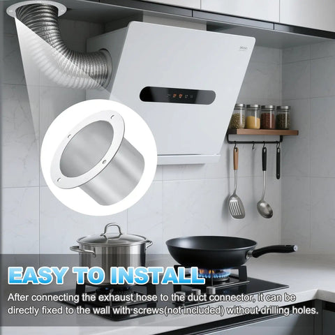 Heavy Duty Duct Connector Flange 5.2 Inch Silver Galvanized Steel Round Dust Collection Fittings for Dryer Vent Exhaust Pipe Hose shown installed in kitchen