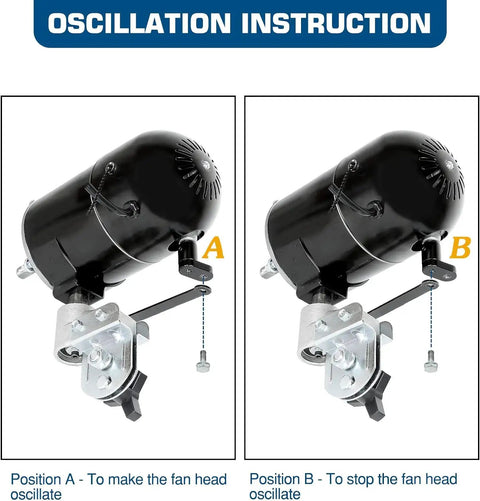 Oscillation instructions for 9500 CFM 30-Inch High Velocity Industrial Wall Fan With 3-Speed Wall Mount Oscillation, stop and start positions