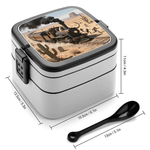 Desert Steam Train Themed Bento Box With Compartments Leakproof Double Layer Lunch Container With Spoon Snap On Lid Insulated