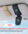 Heavy Duty Magnetic Sunglass Holder For Car Sun Visor With Secure Snap Clip And Soft Leather Wrap, shown in black and tan.