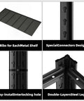 Built Tough 5-Tier Garage Shelving Unit With 5,000 Lbs Total Capacity (1,000 Lbs Per Shelf), Adjustable Steel Shelves For Garage Basement Workshop And Warehouse, 62W X 24D X 72H For Ultimate Tool And Gear Organization. Black steel shelf with 5 ribs and interlocking leg connection