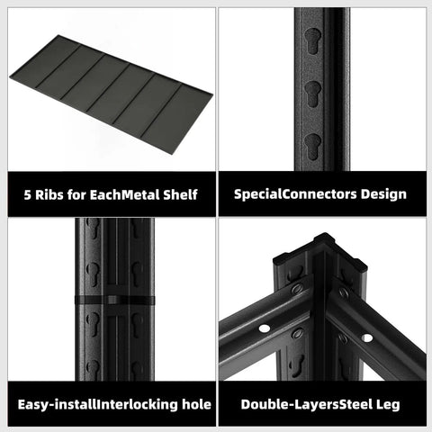 Built Tough 5-Tier Garage Shelving Unit With 5,000 Lbs Total Capacity (1,000 Lbs Per Shelf), Adjustable Steel Shelves For Garage Basement Workshop And Warehouse, 62W X 24D X 72H For Ultimate Tool And Gear Organization. Black steel shelf with 5 ribs and interlocking leg connection