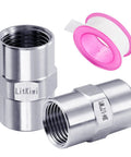 2 Pack Stainless Steel 304 Half Inch Female NPT Pipe Hose Connector Adapters, Heavy Duty Fittings Built For High Temperature And Corrosion Resistance, Durable Quick Connect Plumbing And Industrial Use, with pink thread tape