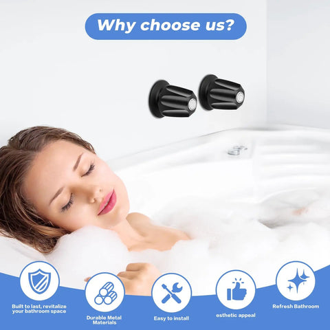Woman in bathtub with Matte Black 2 Piece Shower Knob Replacement Kit for Verve Tub and Shower Faucet visible on wall