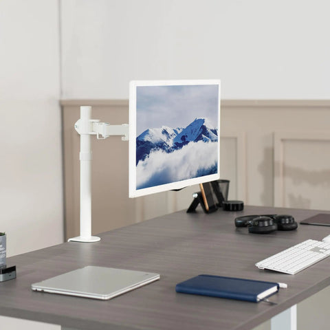 Heavy Hitter Single Monitor Desk Mount With Smooth Tilt And Swivel For Screens Up To 32 Inch Or 38 Inch Ultrawide Displays in white finish, mounted on a desk.