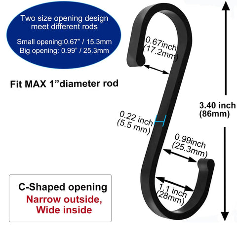 Diagram of Heavy Duty S Shaped Hooks For Hanging Pots And Pans Plants Cups Coats And Towels In Kitchen Bedroom Office Garden And Bath Matte Black 10 Pack Durable Aluminum Rust Resistant Multipurpose Everyday Use with dimensions and openings.