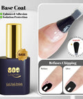 Three Piece Gel Nail Kit With Base Coat, Top Coat, And Builder Gel, 15ml Each, showing base coat application on nail
