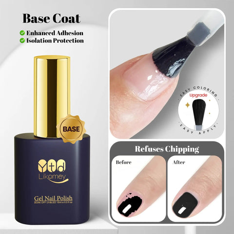 Three Piece Gel Nail Kit With Base Coat, Top Coat, And Builder Gel, 15ml Each, showing base coat application on nail