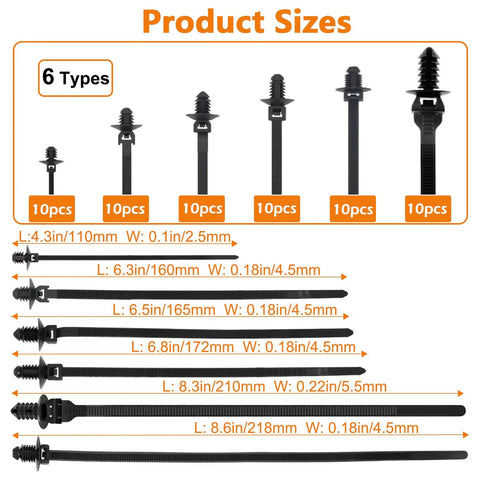 60 Pack Nylon Universal Cable Ties With Push Mount Buckles Pro Grade Heavy Duty High Temp Zip Tie Mounts Product Sizes