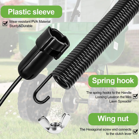 Lawn Spreader Control Cable Replacement For Mini Broadcast Spreader, 21 Inch Length, showing spring hook and wing nut