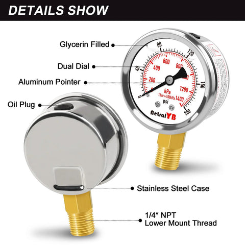 Front view of AetralYB 0-200 PSI glycerin-filled 2-inch stainless steel pressure gauge with 1/4" NPT lower mount