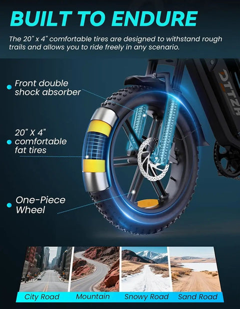Front wheel of Powerful Fat Tire Electric Bike For Adults With Rack Moped Style E Bike 48V 25Ah Battery 20 By 4 Inch Fat Tires