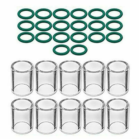 Heavy Duty Heat Resistant #10 Glass Cups And O-Rings For SR WP 17 18 26 And WP 9 20 TIG Welding Torches Full 30 Piece Consumable Kit with 10 glass cups and 20 green O-rings.