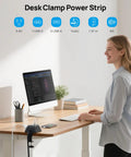Woman at desk using Desk Clamp Power Strip Surge Protector With Five AC Outlets And Three USB Ports, Desk Mount Charging Station.