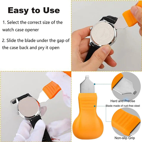 Watch Battery Replacement Kit 4 Piece Set With Case Opener And Back Remover Wrench Holder For Rotating Open Watch Covers.