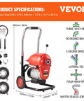 Heavy Duty Electric Sewer Snake Drain Cleaner Machine With 120 Ft Steel Cable And 1100 Watt Motor shown with specifications and accessories.