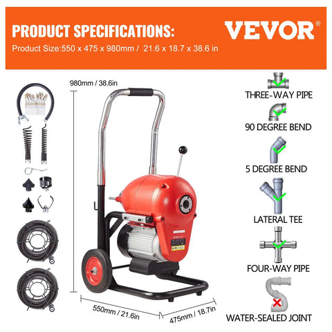Heavy Duty Electric Sewer Snake Drain Cleaner Machine With 120 Ft Steel Cable And 1100 Watt Motor shown with specifications and accessories.