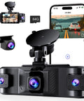 Four Channel 2.5K Dash Cam With Front Rear Left Right Coverage shown with smartphone app and 64GB card included