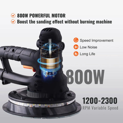 Heavy Duty Electric Drywall Sander With Variable Speed Motor And Hassle Free Vacuum Dust Cleanup For Cleaner Job Sites Plus Dual Bright LED Lamps and Full Sanding Pad Kit. 800W motor.