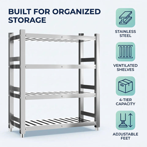 Rock Solid Stainless Steel Shelving Unit Heavy Duty Storage Rack Built Tough For Kitchen Restaurant Warehouse And Garage Support Up To 1320 Lbs, 4-tier design.