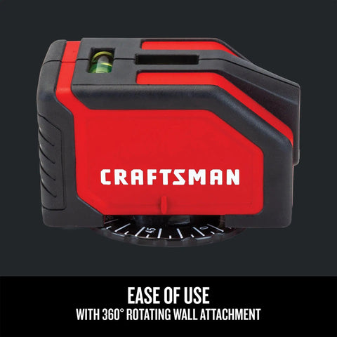 Wall Mount Laser Level With 360 Degree Rotating Attachment, 15 Ft Range, High Accuracy Line Laser, Class II Under 1mW 620-690nm, Easy Read Bubble Vials, Durable Construction For DIY And Pro Projects, red and black Craftsman unit with bubble vial