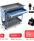 Beefy Three Tier Rolling Tool Cart With Drawers And Pegboard On Wheels, Industrial Utility Cart For Garage And Workshop, 440 lb capacity