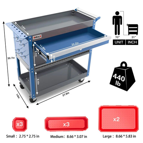 Beefy Three Tier Rolling Tool Cart With Drawers And Pegboard On Wheels, Industrial Utility Cart For Garage And Workshop, 440 lb capacity