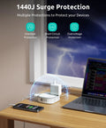 360 Degree Rotating Flat Plug Surge Protector Power Strip With 1 Foot Extension Cord For Tight Behind Furniture Spaces And Heavy Nightstands on wooden desk, charging devices.