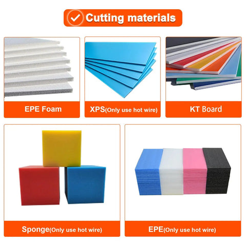 Cutting materials for Rongter Hot Wire Foam Cutter Kit, including EPE foam, XPS boards, and colorful sponge cubes.
