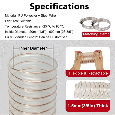 Built Tough Flexible Dust Collector Hose Featuring Puncture Resistant Walls And Snug Seal Clamp For No Fuss Heavy Duty Woodshop Smoke Extraction Work specifications showing inner diameter and flexibility.