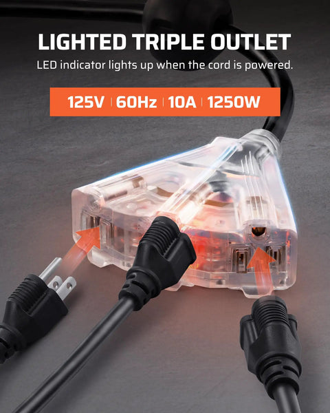 Retractable 75 Ft Heavy Duty Extension Cord Reel with 14/3C SJTOW Cable, lighted triple tap outlets, 10 Amp circuit breaker