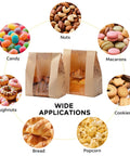 24 Pack Large Kraft Paper Bread Bags With Clear Window For Homemade Bread And Sourdough, surrounded by food items like cookies and candy.