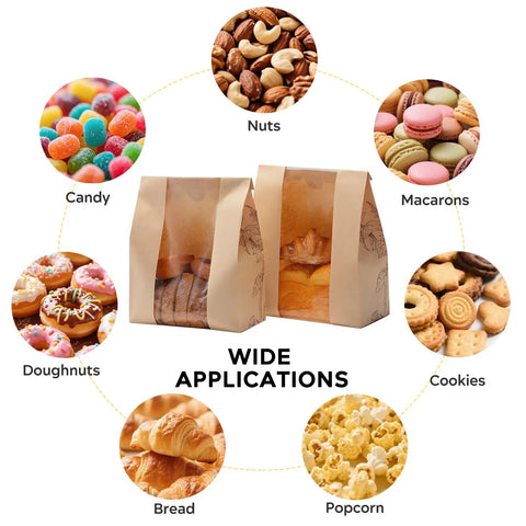 24 Pack Large Kraft Paper Bread Bags With Clear Window For Homemade Bread And Sourdough, surrounded by food items like cookies and candy.