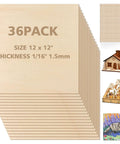 Front view: 36-pack basswood sheets, 12x12 in, 1/16 in (1.5 mm) thick, unfinished